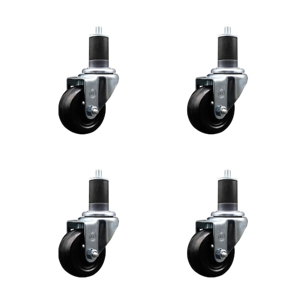 3'' SS Hard Rubber Wheel Swivel 1-5/8'' Expanding Stem Caster Set, 4PK